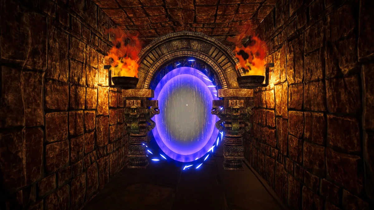 A glowing blue circular portal set in a carved stone archway between two lit fire braziers in a temple corridor