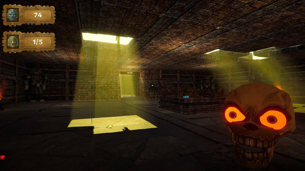 A glowing orange-eyed skull anomaly looms in the foreground next to a HUD showing a 74 meter and a 1 of 5 skull-collection counter