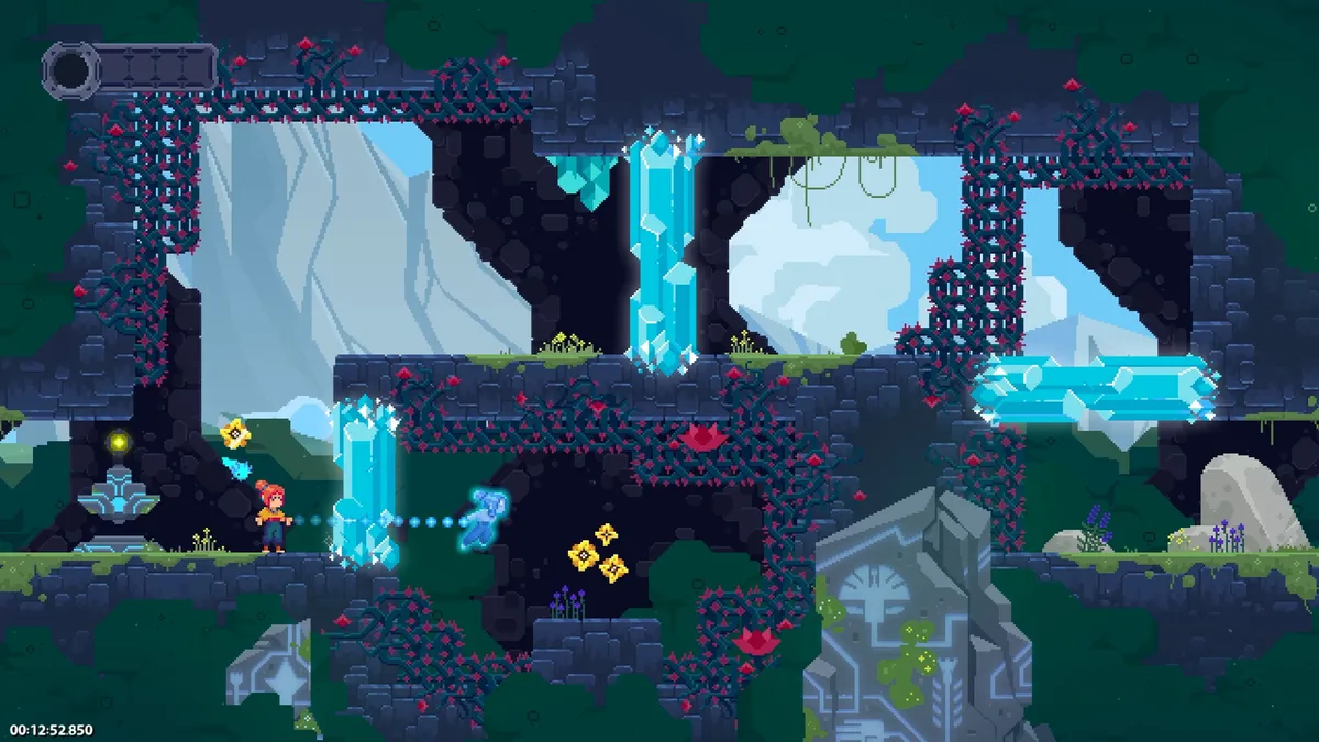 TetherGeist precision platformer mid-air with tether beam extending toward anchor point above spiked corridor