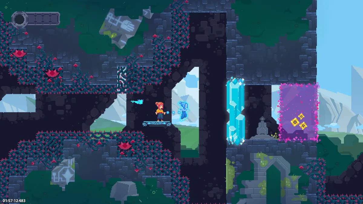 TetherGeist screenshot showing Mae mid-tether projection across an environmental puzzle with Bao visible ahead