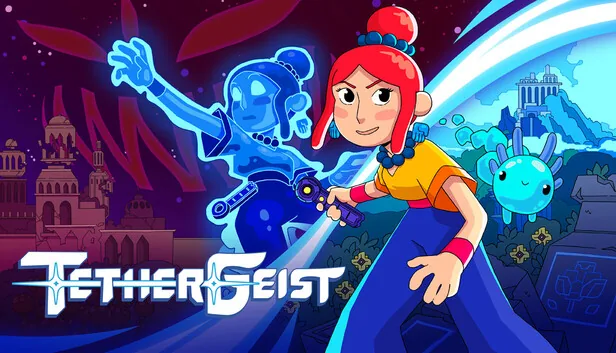 TetherGeist game art showing Mae and Bao in a colorful level environment with the tether mechanic visible