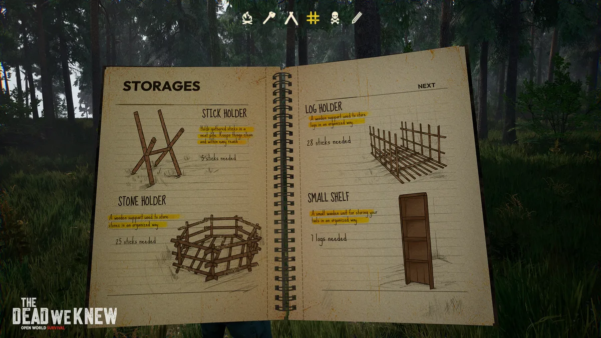 A build notebook open at the Storages page lists a stick holder, log holder, stone holder and small shelf with material counts