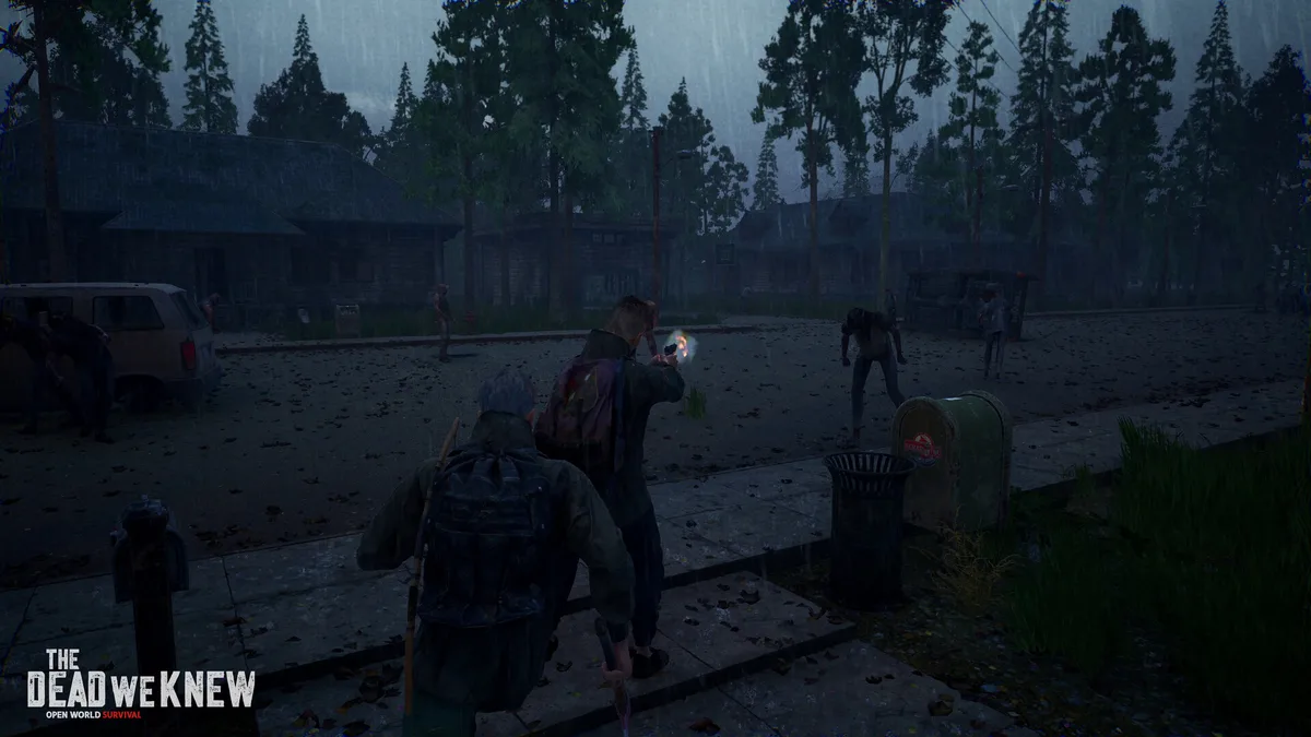 Two survivors, one holding a flashlight, face zombies on a rain-soaked town street at night