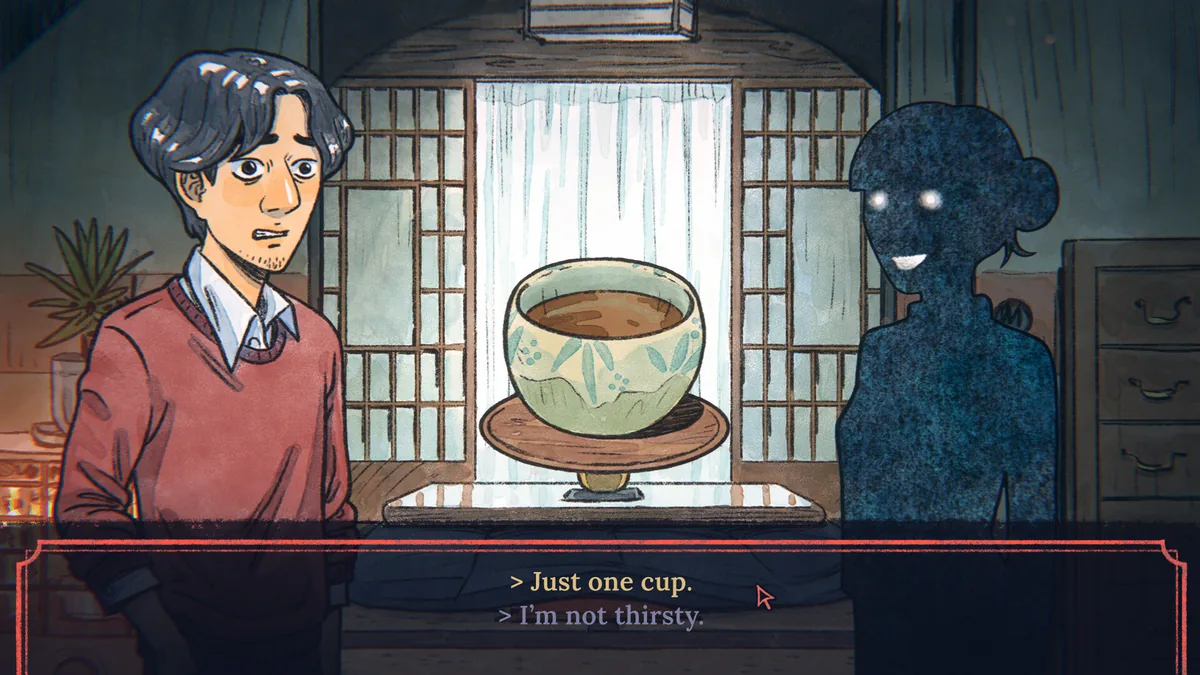 A man in a red sweater standing across a steaming tea bowl from an eerie shadow-silhouette figure with glowing white eyes and a wide smile, with dialogue choices reading Just one cup and I'm not thirsty