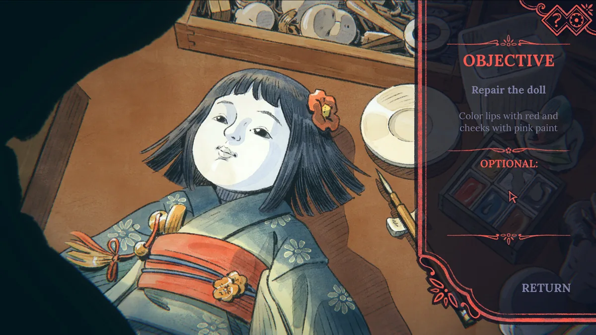 A hand-drawn close-up of a porcelain doll's face being repainted with a small brush, a kimono-clad figure visible, with an on-screen objective reading Repair the doll, color lips with red and cheeks with pink paint