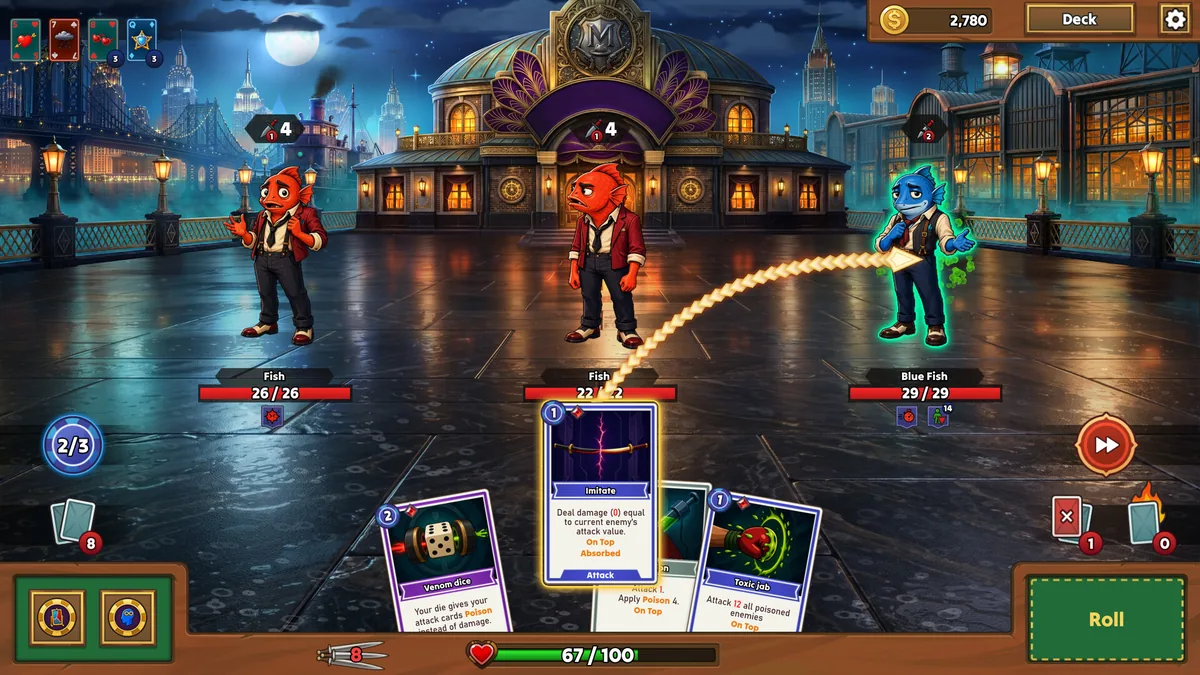 Turn-based card combat between a top-hatted fish gangster and a blue-scaled fish enemy on a rain-slicked casino plaza at night, with attack cards labeled Imitate and Toxic Jab shown at the bottom