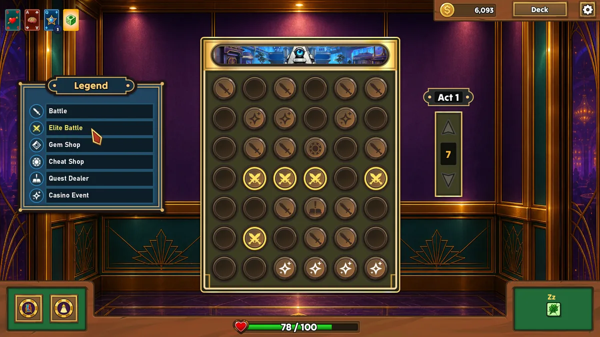 An overhead run map showing rows of icons for Battles, Elite Battles, Gem Shops, and Cheat Shops across Act 1, with a Legend key on the left explaining each icon type