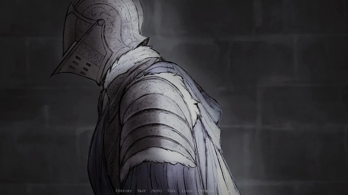 The Last Winter Knight hand-drawn gothic interior showing candlelit castle room with armored ghost knight figure