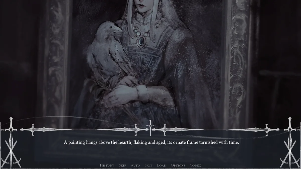 The Last Winter Knight atmospheric scene with snow visible through broken castle window and narrative text overlay