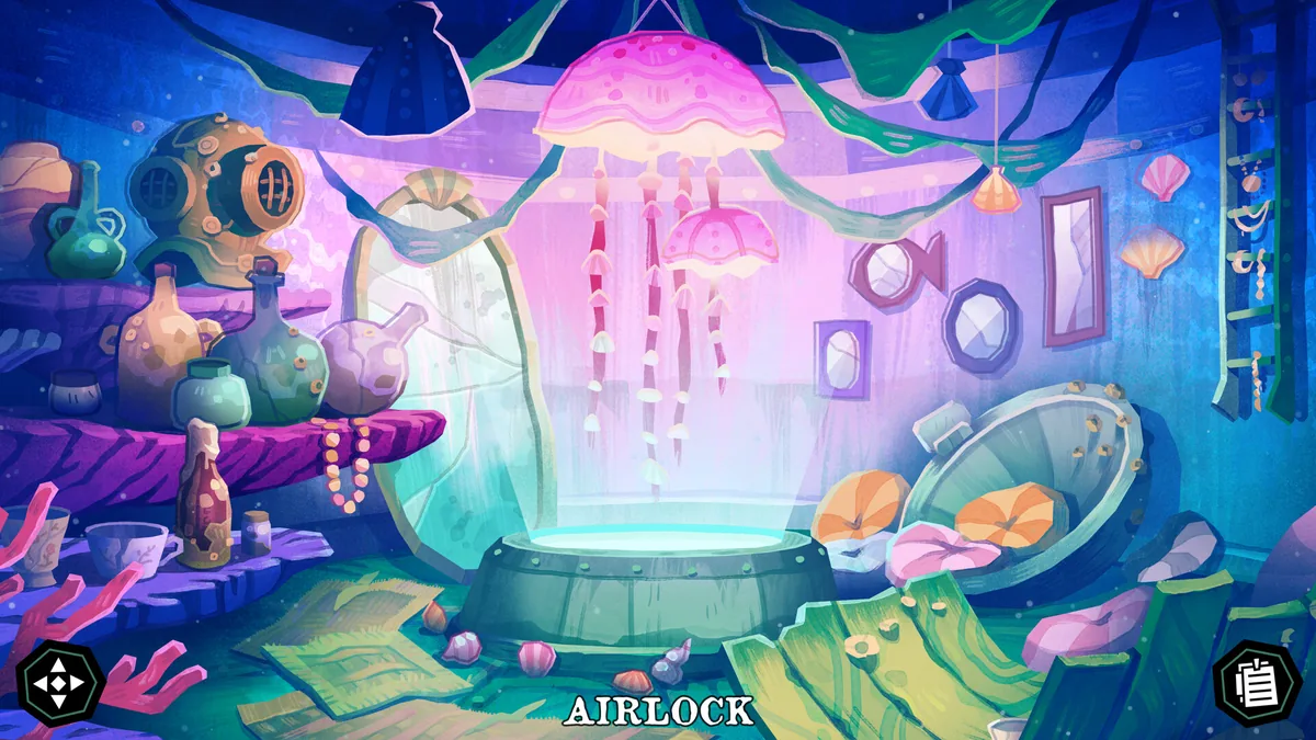 A magical glowing cauldron surrounded by jellyfish lanterns and shelves of potion bottles in a submarine airlock decorated for a ritual