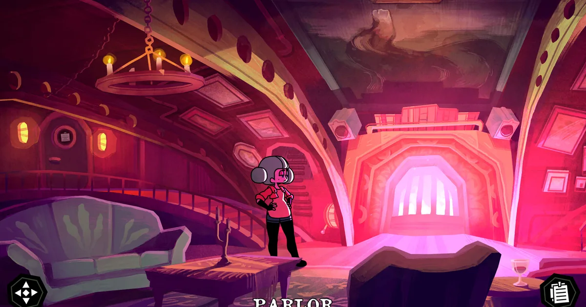 A gray-haired character standing in an ornate red-lit parlor aboard the Mortuga Submarine with a glowing HER sign visible on the ceiling