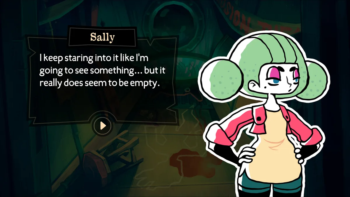 A green-haired character named Sally standing beside a submarine porthole with a dialogue box reading a line about staring into something that seems to be empty