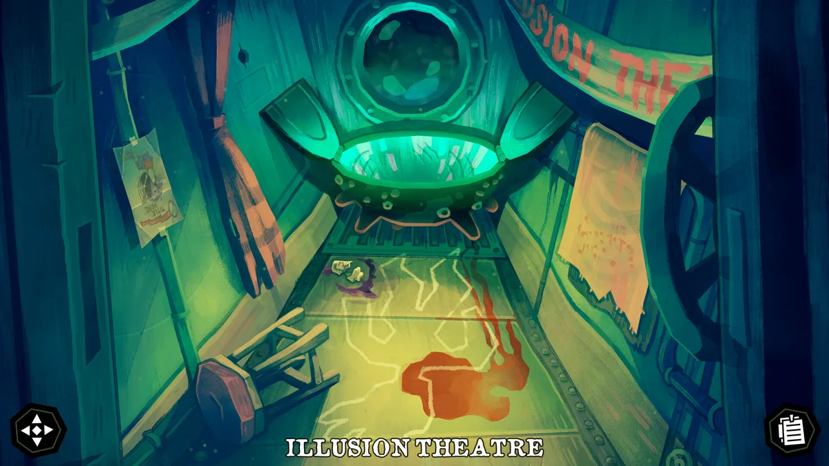 The Mermaid Mask 3D clue examination screen showing a rotating stone cauldron object with inspect prompts, submarine interior visible behind