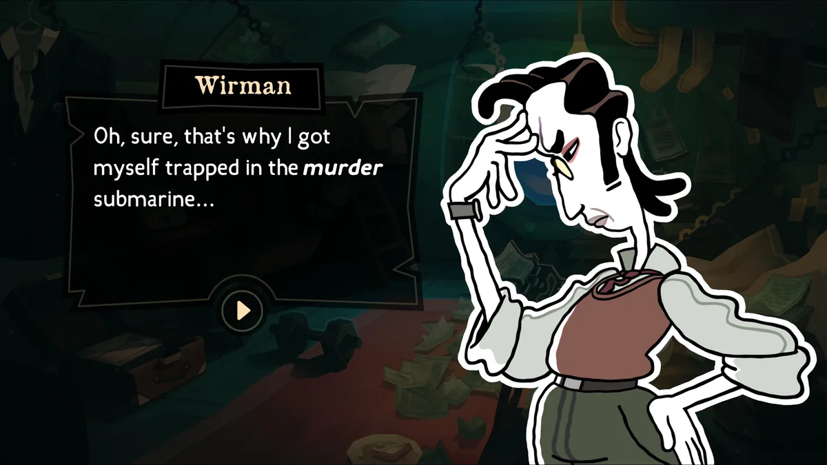 J.D. Wirman being questioned aboard the Mortuga Submarine, standing in his cluttered bunk room during a suspect interview