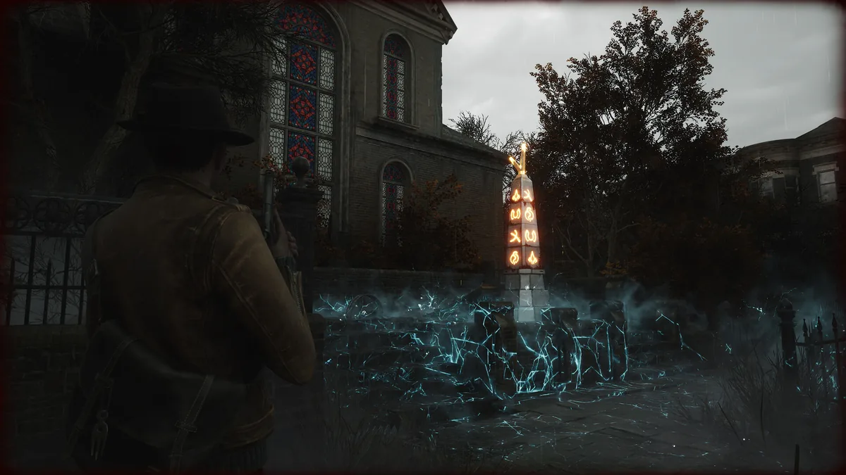 An investigator character aiming a weapon at a glowing stone obelisk covered in occult symbols, crackling with blue electrical energy in front of a gothic church