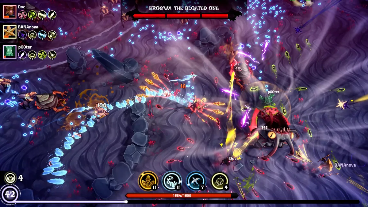 The Spell Brigade co-op team with four wizards spread across lanes, fighting Void Hopper enemies in a wide dungeon corridor