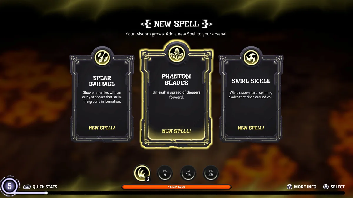The Spell Brigade upgrade screen showing elemental spell choices and enchantment slots for a Fire-specialized wizard