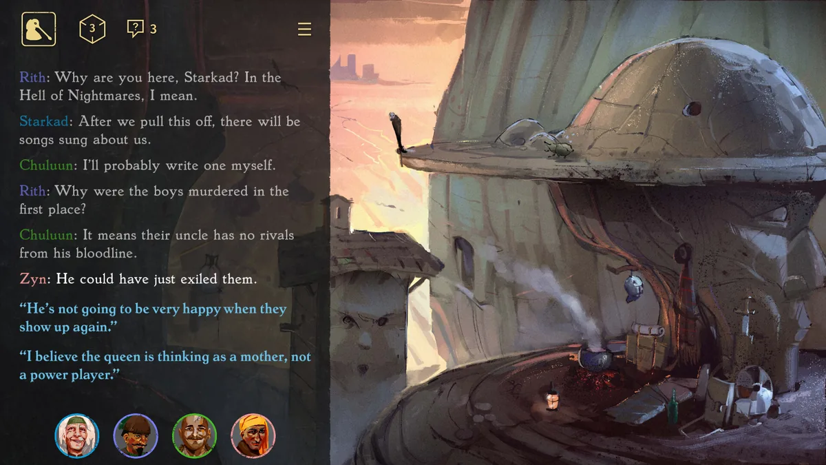 Four party members named Rith, Starkad, Chuluun, and Zyn debate a mission inside the Hell of Nightmares, with hand-painted architecture and a resource counter visible in the top-left corner