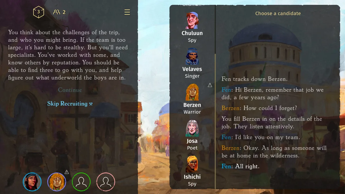 A recruitment screen titled Choose a candidate lists five named characters with profession labels including Spy, Singer, Warrior, and Poet, alongside a dialogue exchange recruiting a warrior named Berzen
