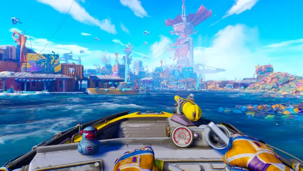 Tides of Tomorrow flooded settlement with dry elevated platform above the waterline and Reclaimer faction structures visible in background
