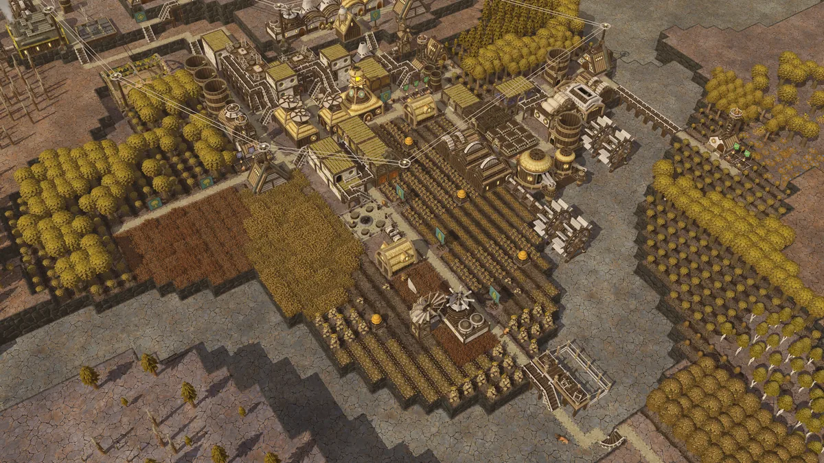 A drought-stricken Timberborn colony with cracked dry earth, dead-looking crop rows, and a windmill under a hazy sky