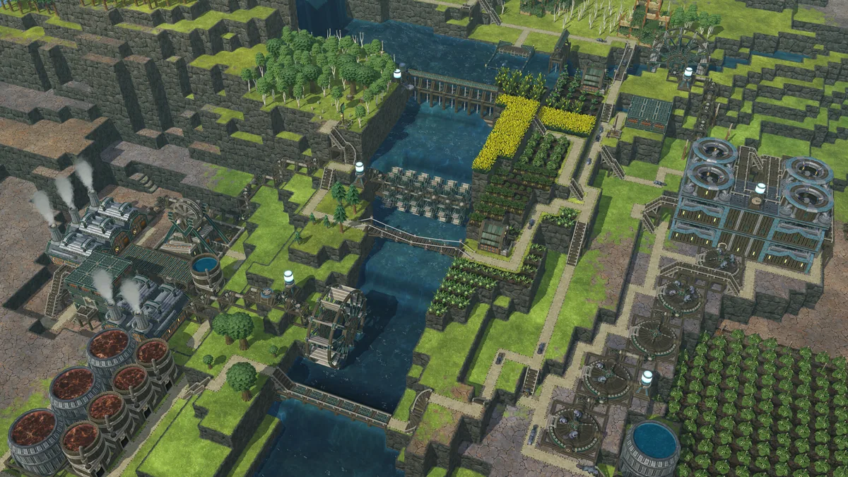 A row of eight compact water wheels spanning a river below a dam, with yellow crop plots and birch trees alongside