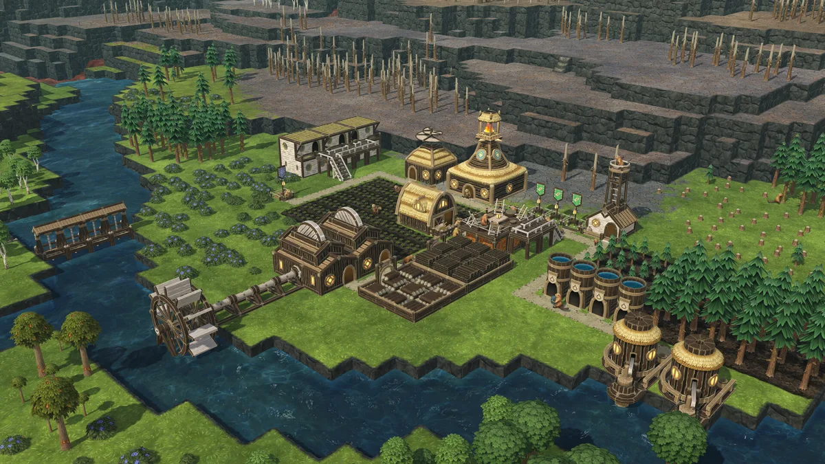 A wooden Timberborn colony with a water wheel, dam, and terraced farm plots along a river
