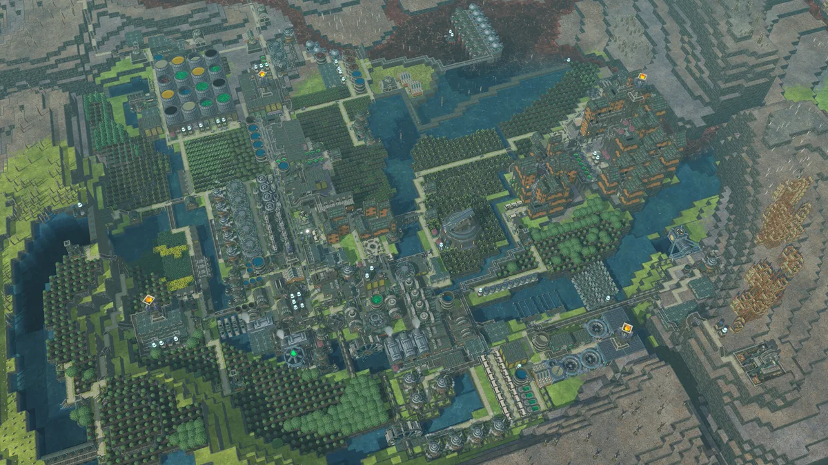 A dense industrial Timberborn colony with factories, storage silos, and elevated conveyor systems