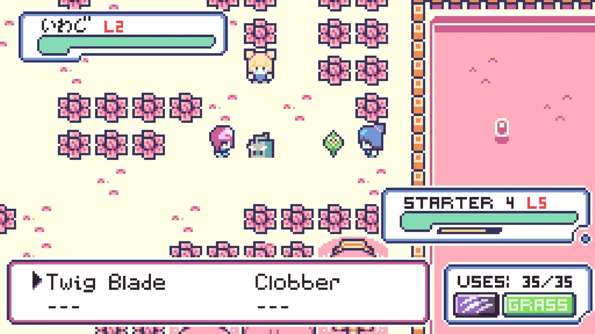 A battle screen shows a wild Tinymon named in Japanese script at Level 2 facing the player's Grass-type Starter 4 at Level 5, with a move list showing Twig Blade and Clobber and 35 of 35 uses remaining