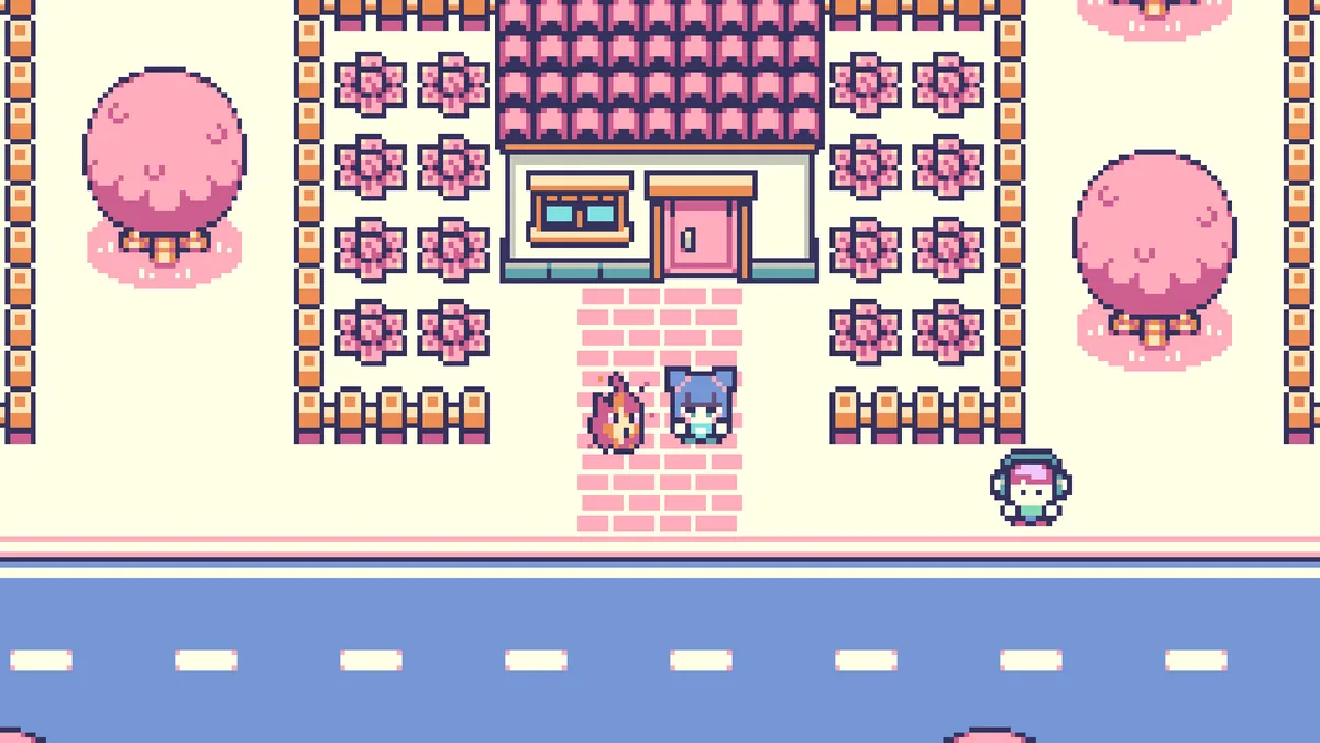 A small flame-type Tinymon companion walks alongside a blue-haired player character on a pink brick path in front of a traditional building surrounded by cherry blossom trees