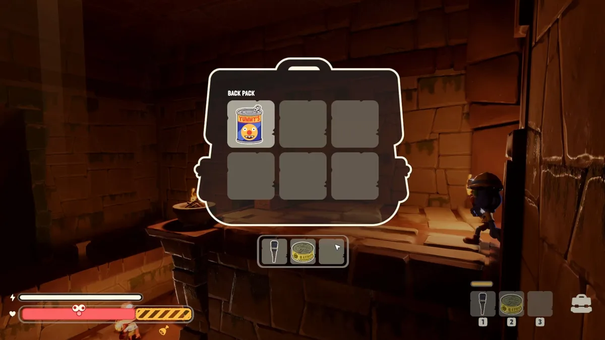 A six-slot backpack inventory holding a tin of food, with three quick slots below it, in a dim temple corridor