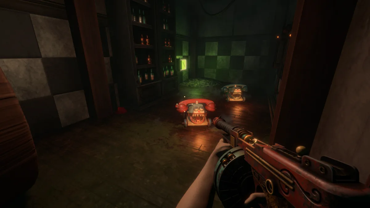Aiming a weapon at two grinning, wheeled telephone-mascot enemies with sharp teeth in a dim green-lit room stocked with bottles