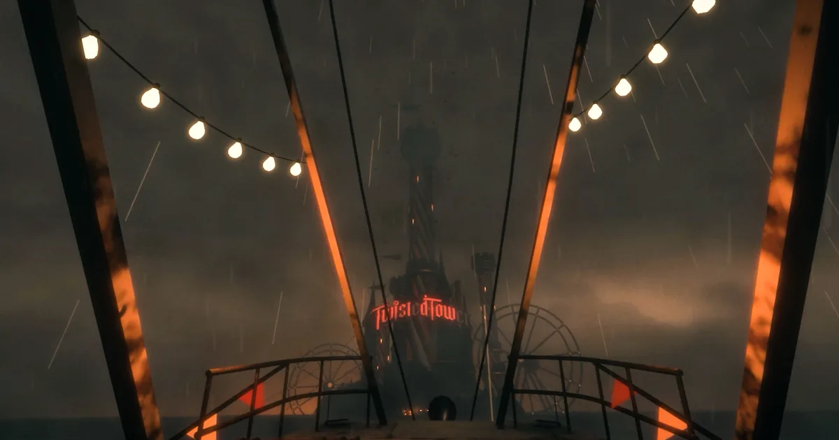 A rain-soaked nighttime approach to Twisted Tower's striped resort tower, red neon sign glowing past string lights and distant ferris wheels