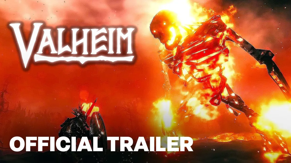 Official Valheim Ashlands trailer still showing a fiery Charred enemy engulfed in flame charging at a player with a shield, lava terrain in the background