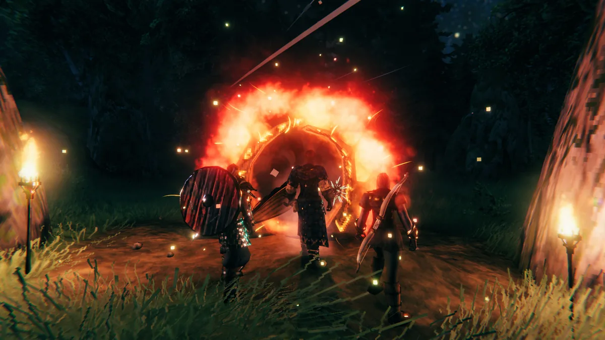 Three armored Vikings walking through a glowing orange portal ring at night, one carrying a shield and sword, one wielding a two-handed sword, one holding a bow