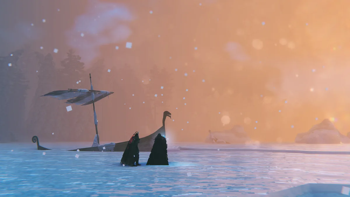 Two cloaked Vikings stand in icy water beside a longship beneath a pink snowy sky