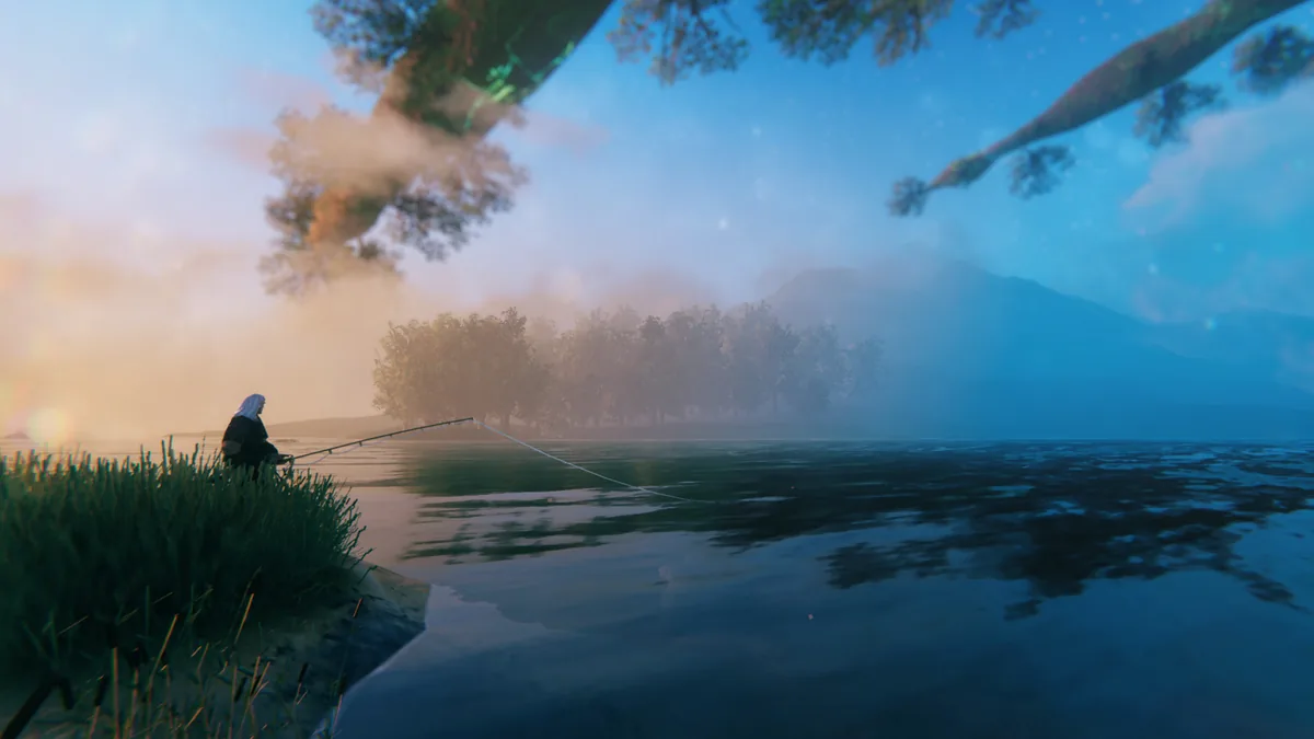 Valheim character fishing at the edge of a misty lake at dawn, fishing line cast toward calm water
