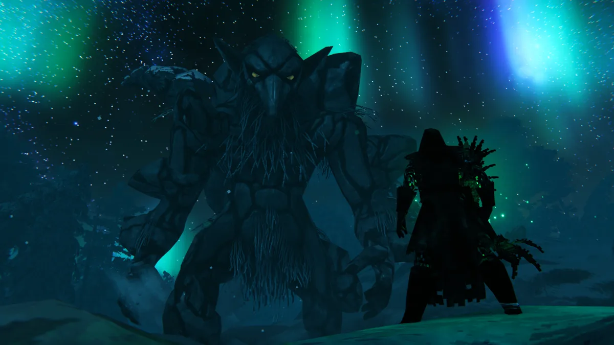 A huge frost-covered stone giant looms over an armored Viking holding an axe under a green and blue aurora