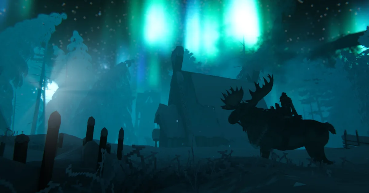 A player rides a large antlered mount past a snow-covered stave-style building and a cemetery fence under a glowing green and blue aurora