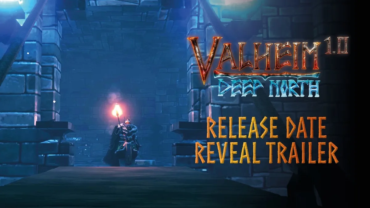 Valheim 1.0 official trailer showing Deep North frozen tundra terrain and Norse ruins under pale sky