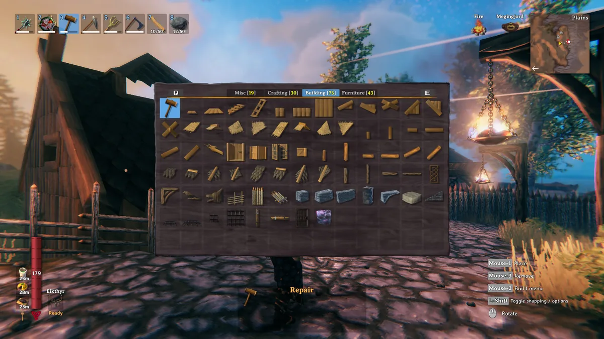 A player standing on a wooden Plains base with the building menu open, a longhouse and torches visible nearby