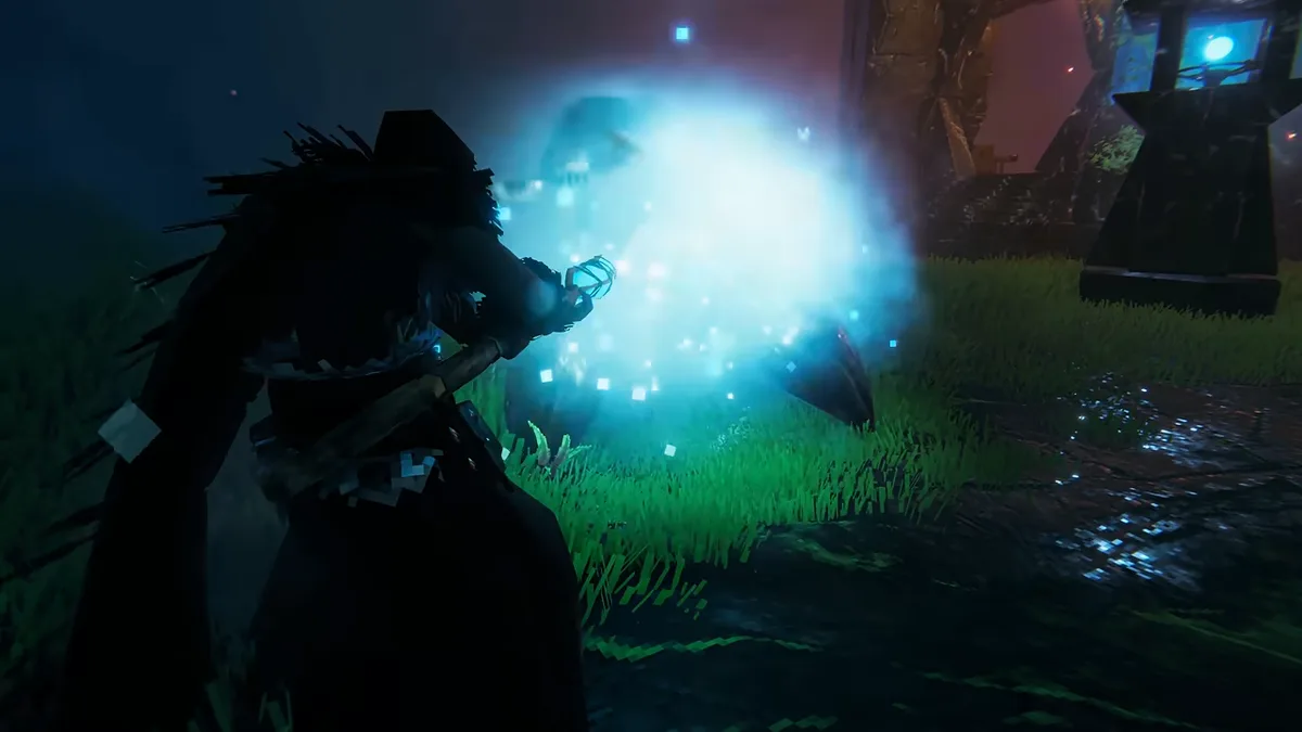 Valheim trailer frame of a hooded player casting a burst of blue magic in a dark grassy area