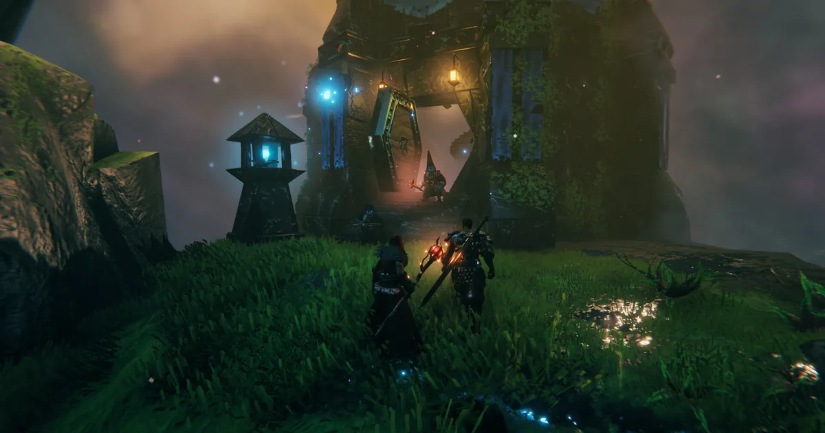 Two armored Vikings approaching a glowing ancient stone ruin at night, torches and eerie blue light surrounding the entrance