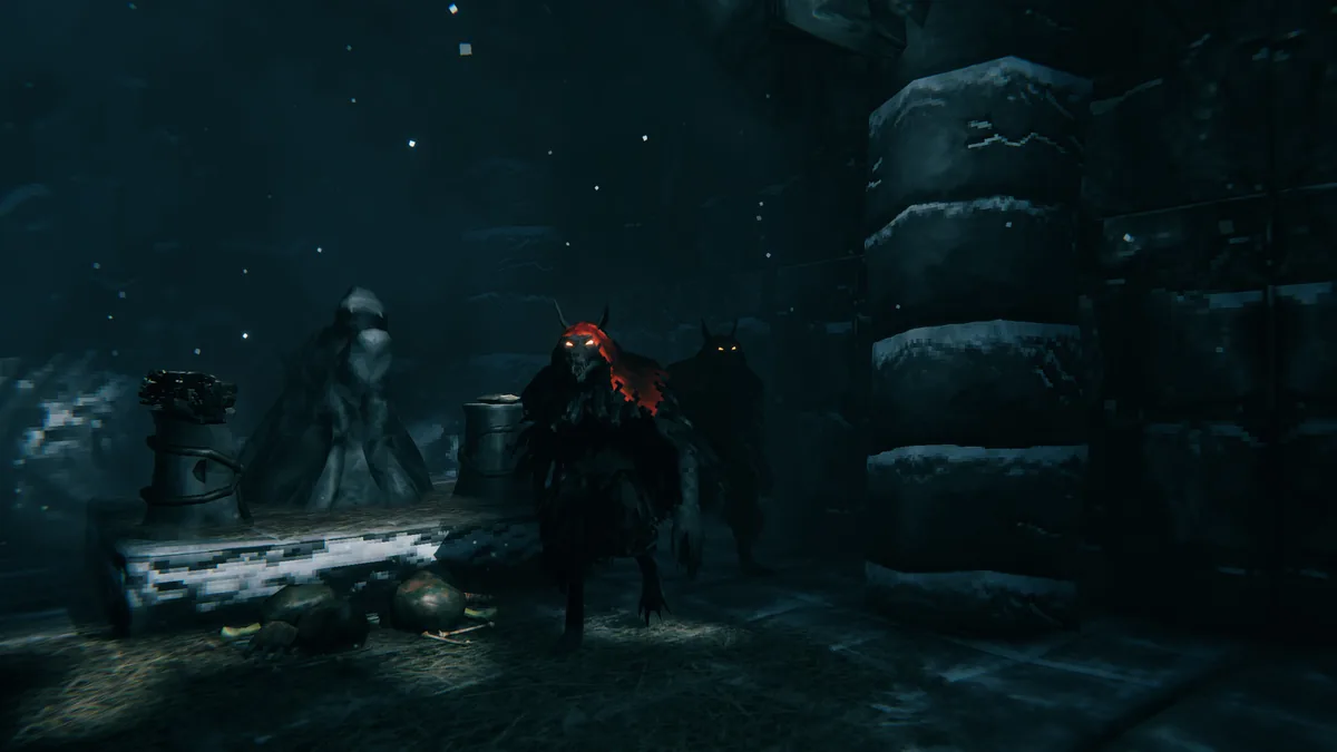 Two Vikings on a frozen shore beside a ruined building and antlered mount under the Deep North aurora