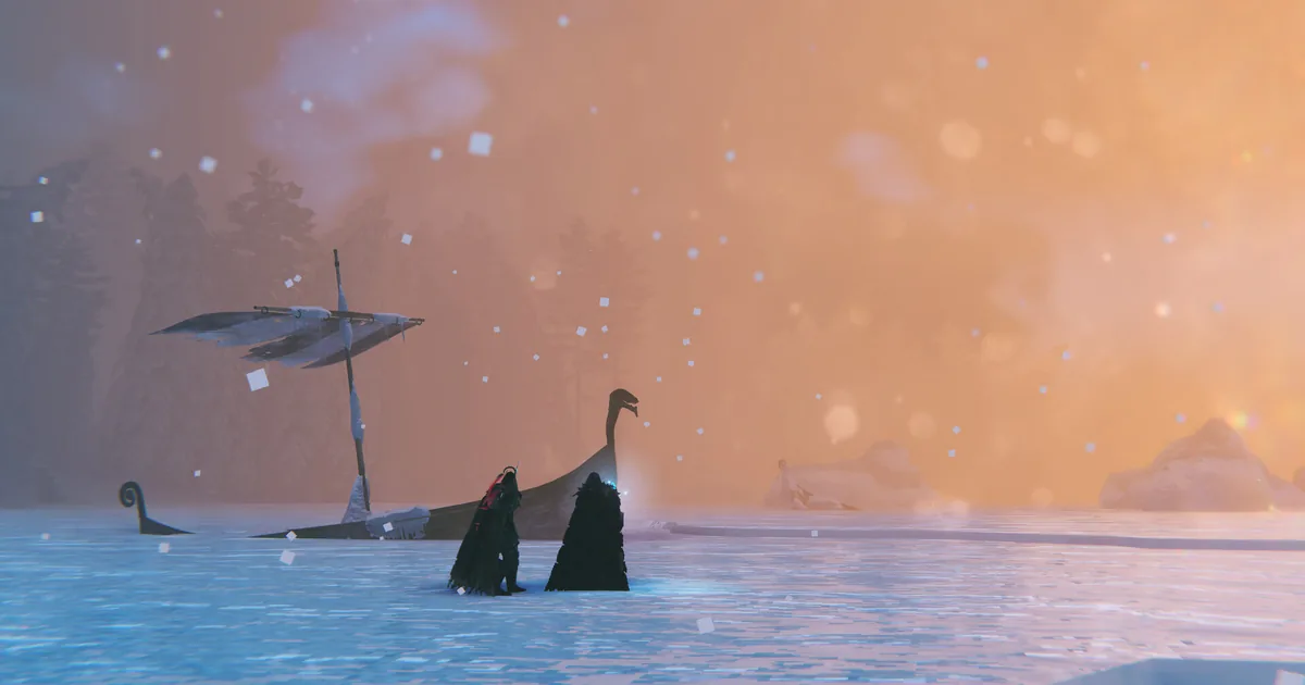 Two Vikings standing on Deep North ice beside a ruined longhouse beneath a bright frozen aurora