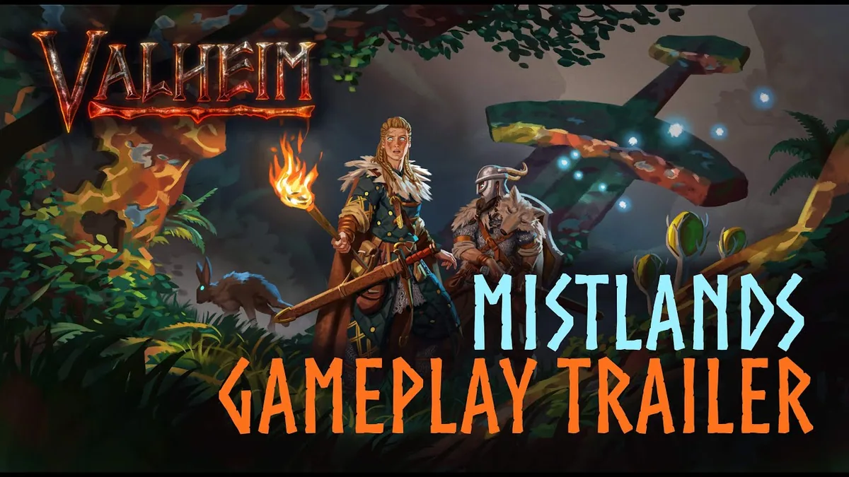 Official Valheim Mistlands gameplay trailer still showing two armored characters holding a lit torch, walking past a small creature toward a glowing Yggdrasil root structure