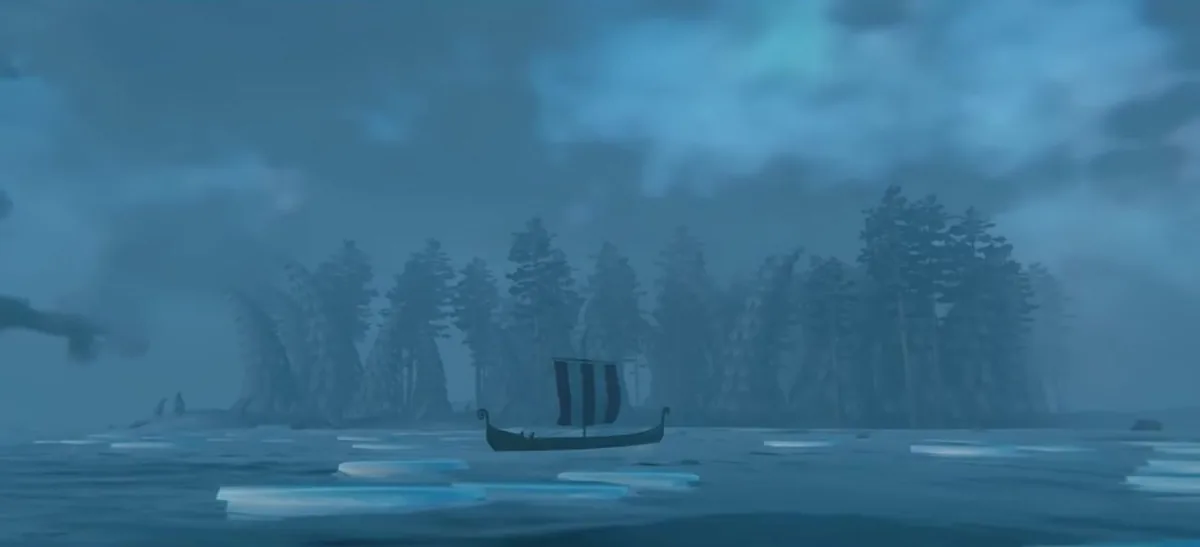 Valheim longship sailing across misty, icy Ocean water toward a wooded shore