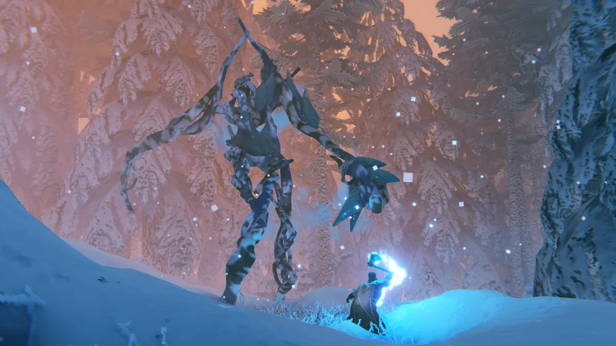A tall, thin frost-covered creature with long branch-like arms stands over a Viking casting blue lightning in a snowy pine forest