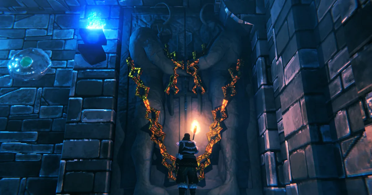 Viking standing before a glowing blue rune doorway carved into a massive stone Deep North dungeon wall