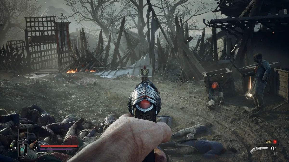 First-person aim view pointed toward a uniformed enemy in a damaged village, with weapon and health indicators visible